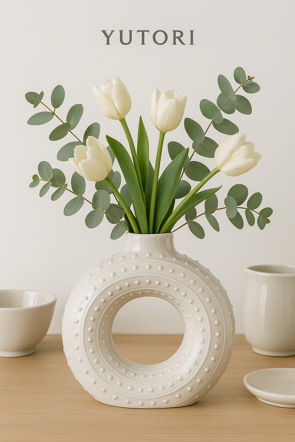 Modern Ceramic Donut Vase with Textured Dots Showpiece Vase - Cream