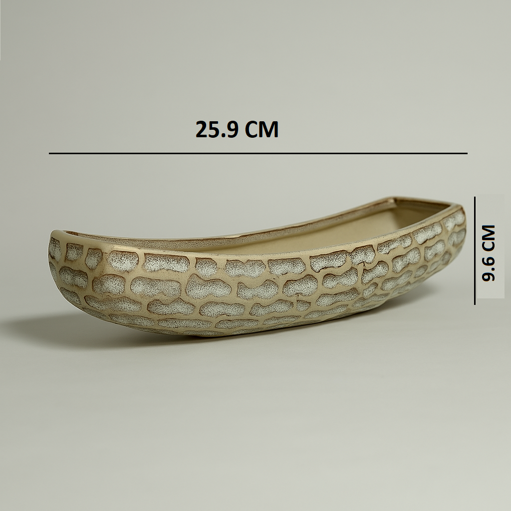 Modern Textured Canoe Ceramic Planter – Sandstone Finish for Home Decor Ceramic Pot