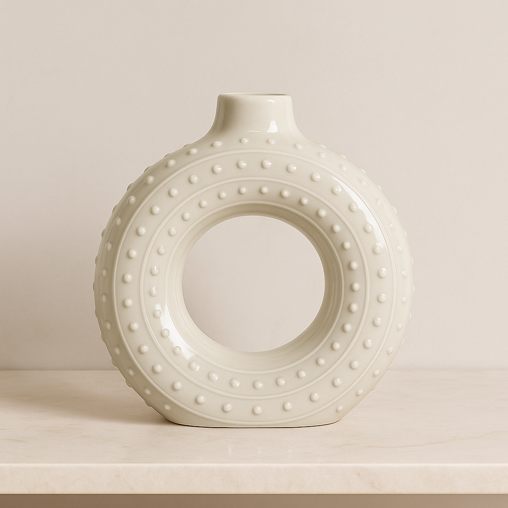 Modern Ceramic Donut Vase with Textured Dots Showpiece Vase - Cream