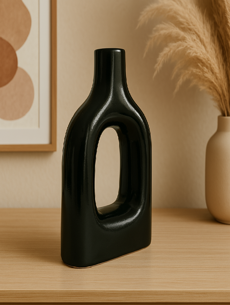 Home Decor Ceramic Flower Vase Minimalist Arch Design- Black