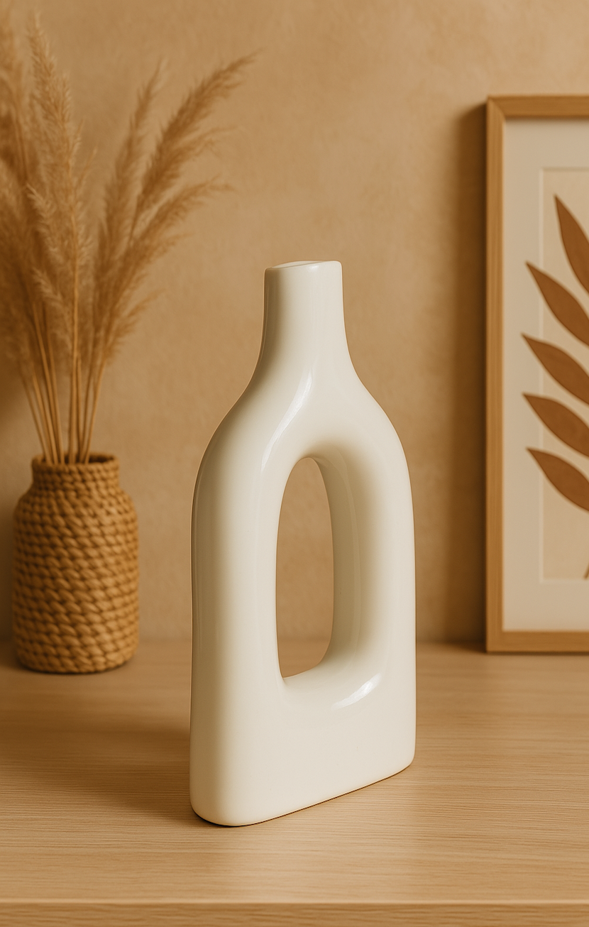 Home Decor Ceramic Flower Vase Minimalist Arch Design - White