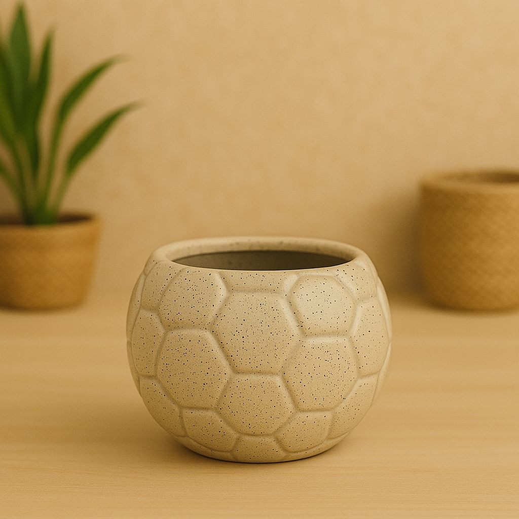 Football Shape Hexagon Textured Ceramic Flower Planter- Cream