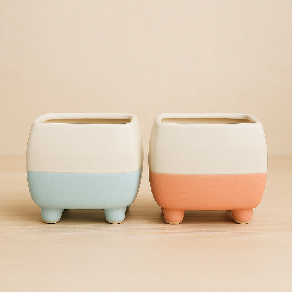 Set of 2 Modern Square Ceramic Planter with Legs  Ceramic Pot