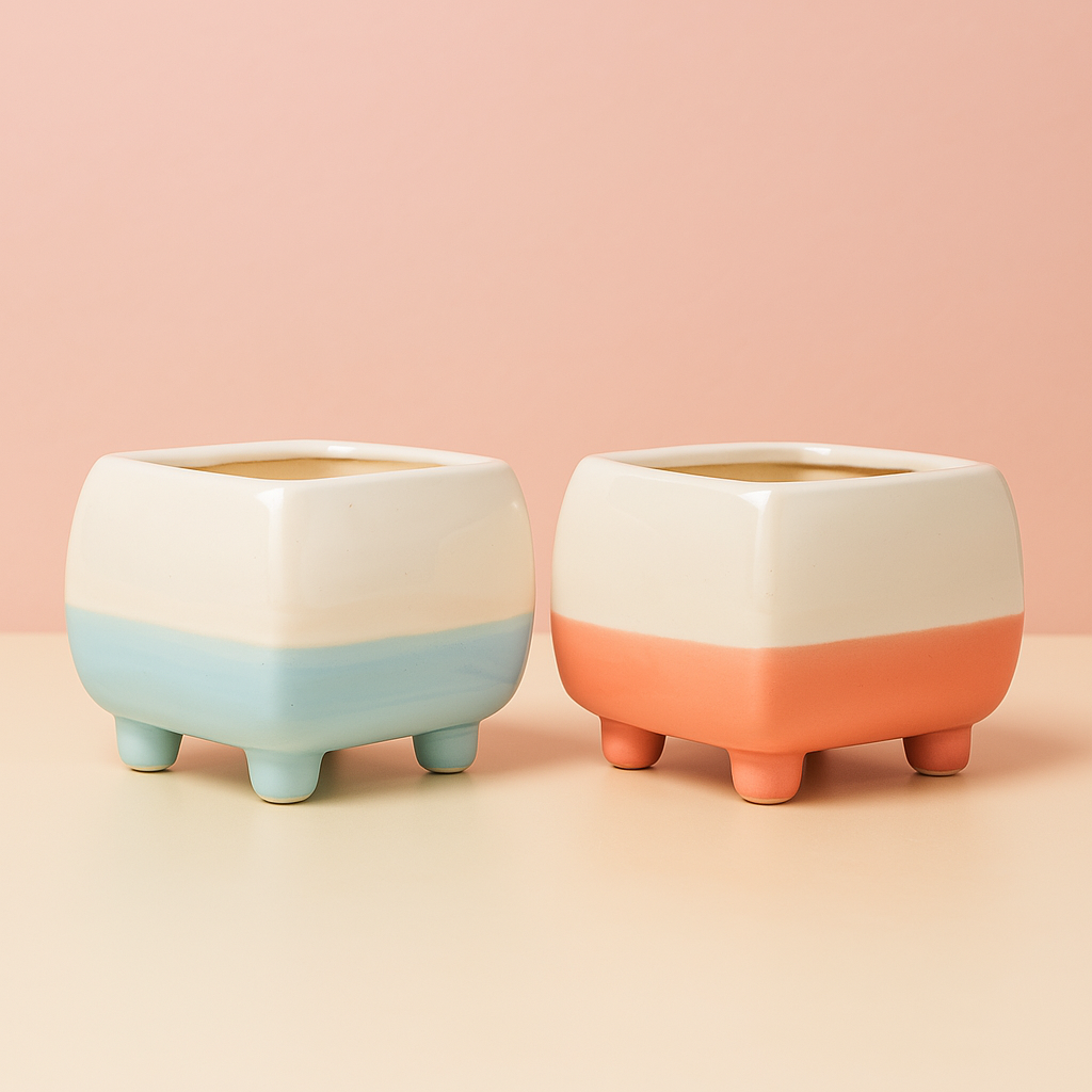 Set of 2 Modern Square Ceramic Planter with Legs  Ceramic Pot
