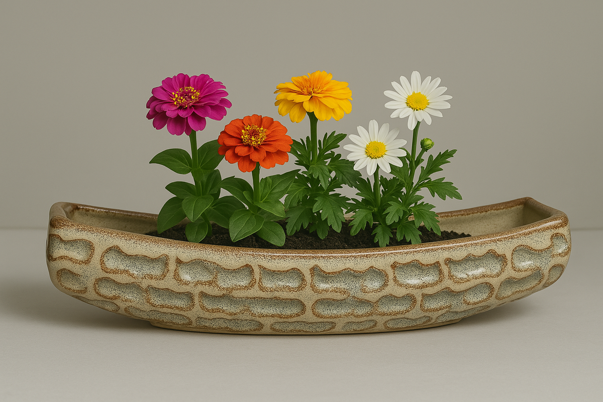 Modern Textured Canoe Ceramic Planter – Sandstone Finish for Home Decor Ceramic Pot