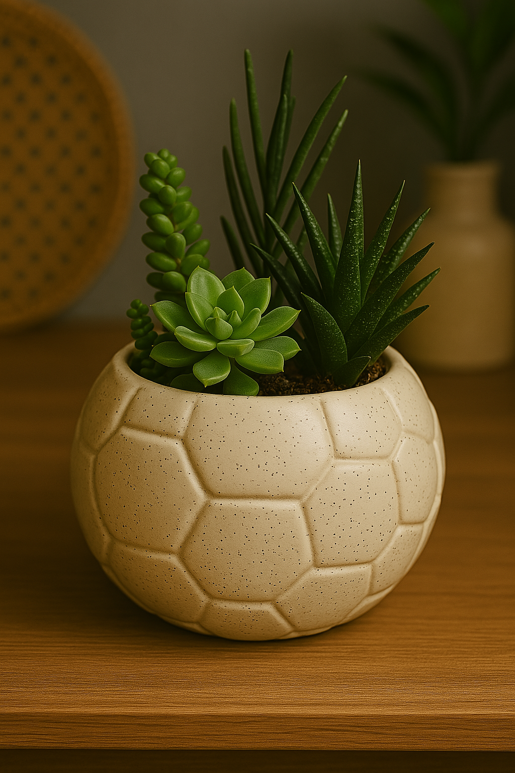 Football Shape Hexagon Textured Ceramic Flower Planter- Cream
