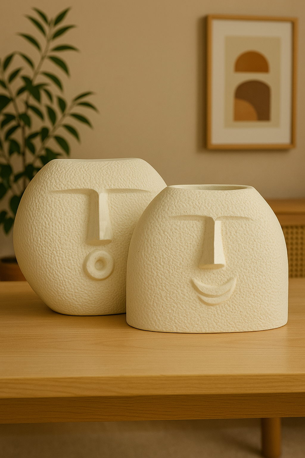 Set of 2 Modern Smiley o and Smiley u Face Ceramic Vase Matte Finish Showpiece