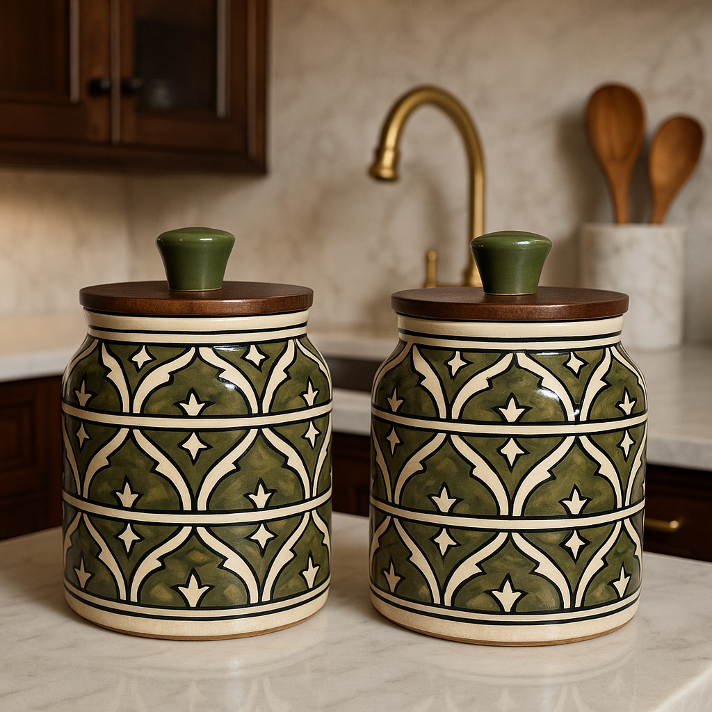 Set of 2 Handcrafted Kitchenware Ceramic Container Jar