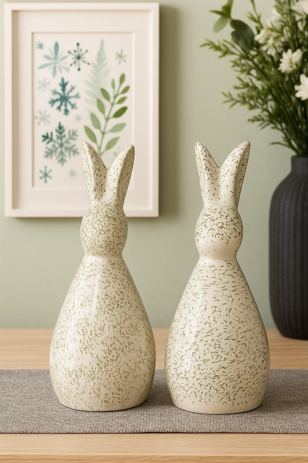 Set of 2 Handcrafted Ceramic Decor Bunny Figurine Green