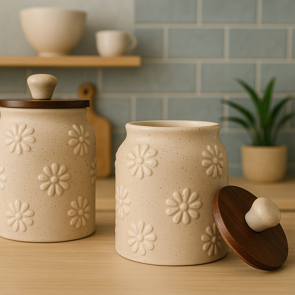 Set of 2 Handcrafted Embossed Daisy Pattern Kitchenware Ceramic Container Jar