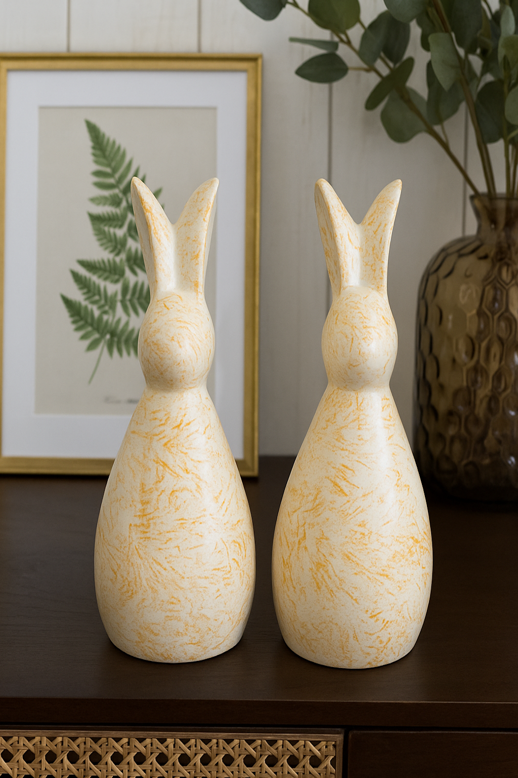 Set of 2 Handcrafted Ceramic Decor Bunny Figurine Yellow