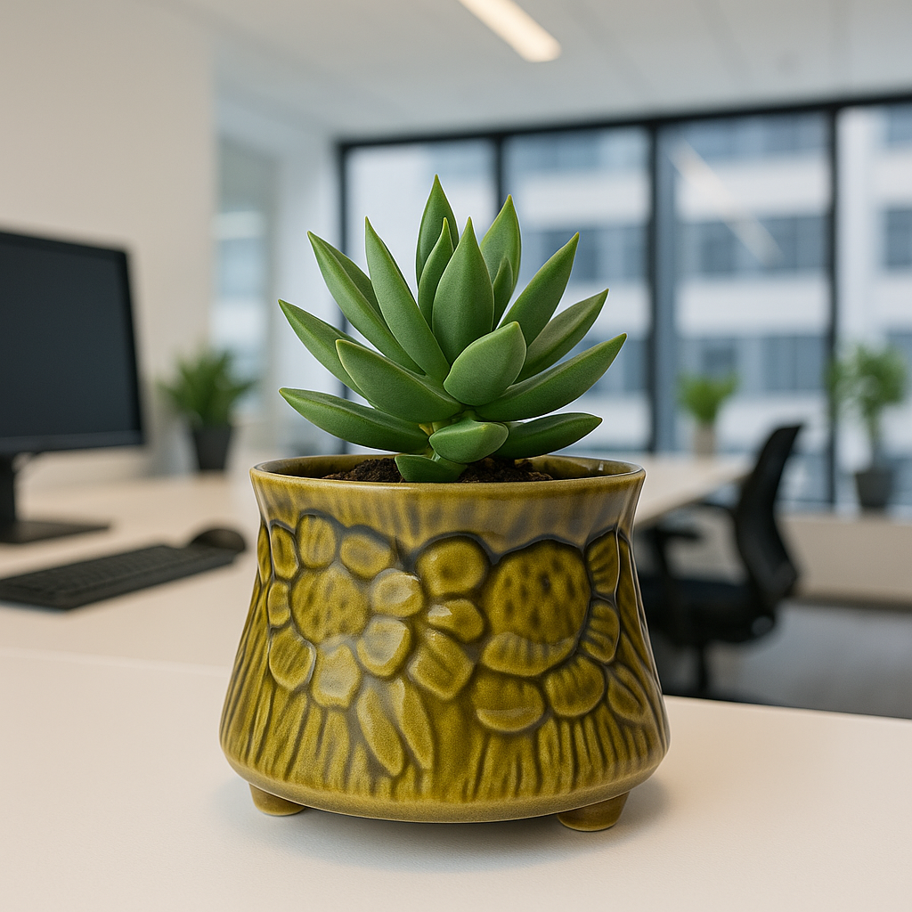 Handcrafted Round Shape Ceramic Planter Pot with Embossed Floral Design
