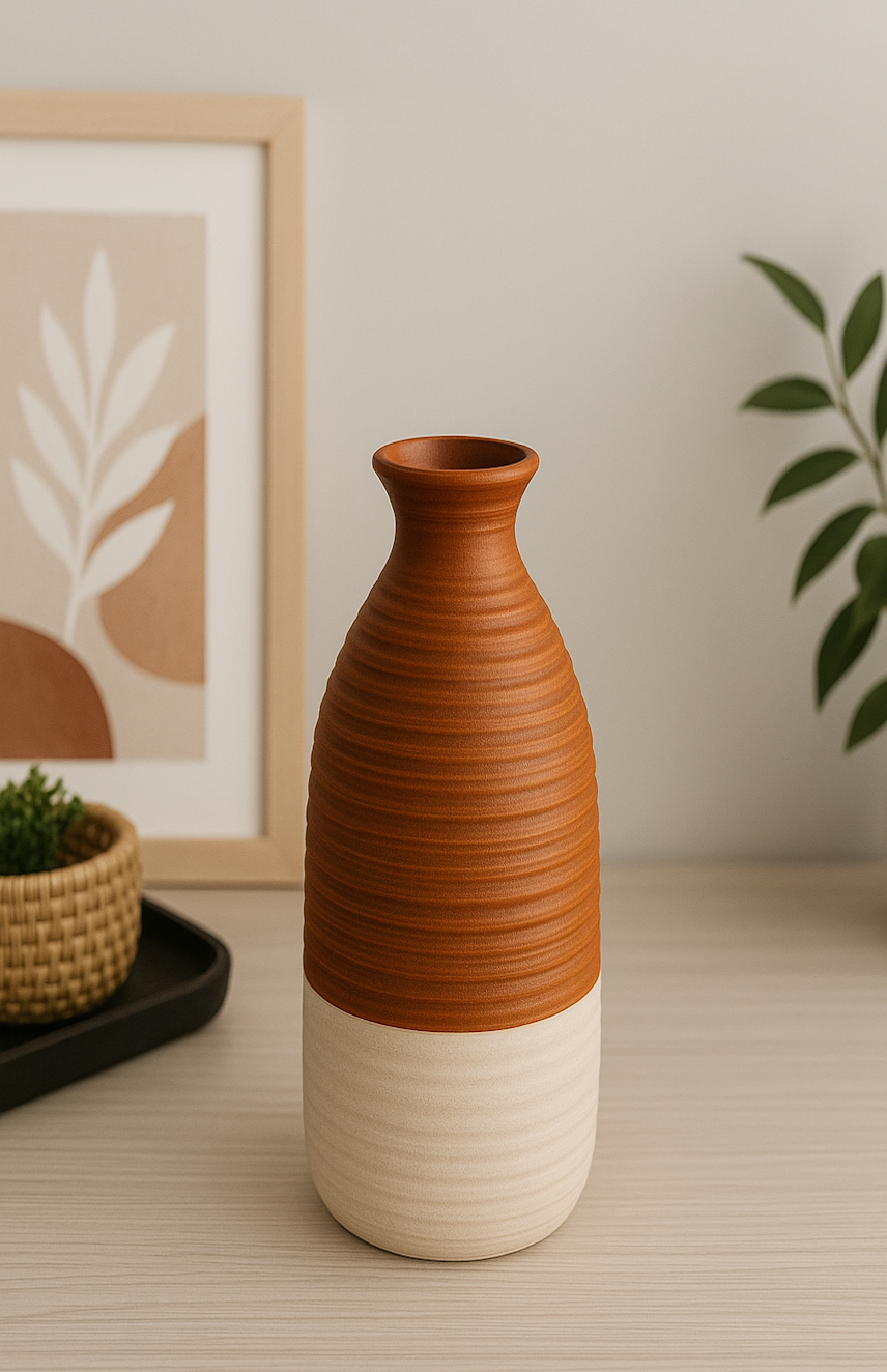 Handcrafted Dual-Tone Ceramic Vase – Rustic Terracotta & Cream Finish