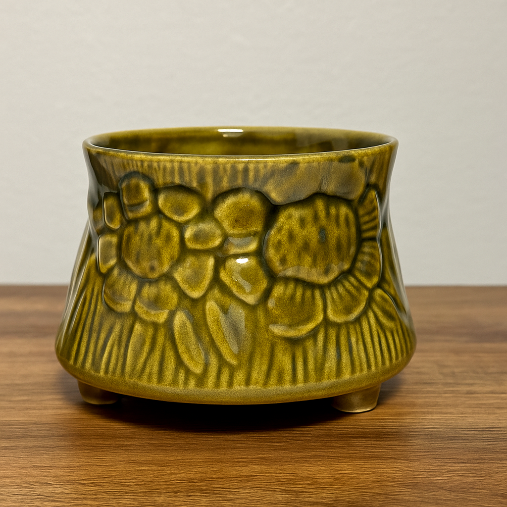 Handcrafted Round Shape Ceramic Planter Pot with Embossed Floral Design