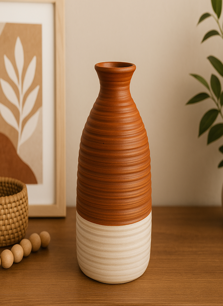 Handcrafted Dual-Tone Ceramic Vase – Rustic Terracotta & Cream Finish
