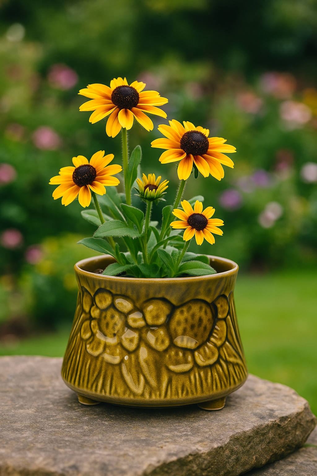 Handcrafted Round Shape Ceramic Planter Pot with Embossed Floral Design