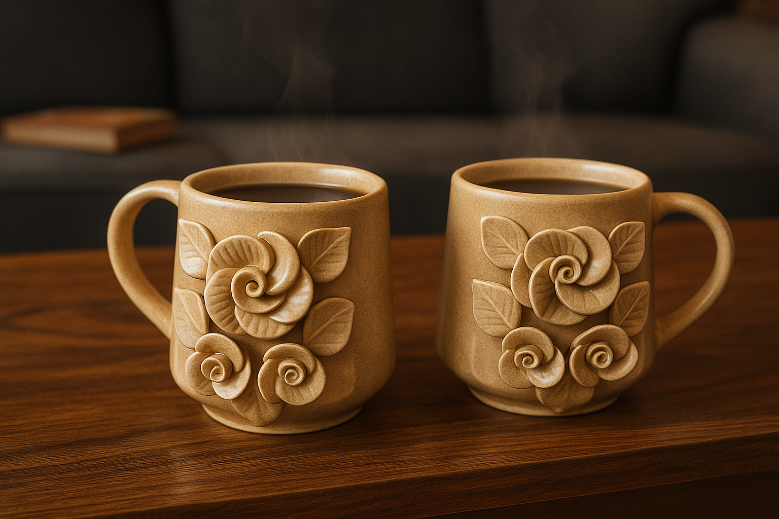 YUTORI Handcrafted 3D Ceramic Coffee Mugs | Artistic Floral Design | 450ml | Perfect for Tea, Coffee & Gifting | Microwave Safe Light Tan Colour- 1 Pcs