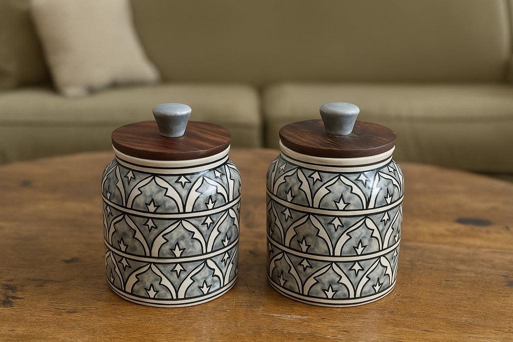 YUTORI Handcrafted Kitchenware Ceramic Container With Air Tight Wooden Lid Cap For Tea, Pickle, Sugar, Salt and Other Kitchen Items Hand Made Ceramic Jar 400 Ml each (800ml) - Set of 2 Grey