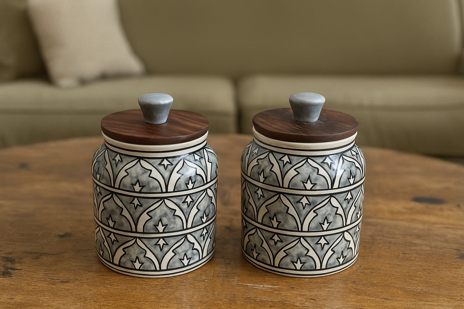 YUTORI Handcrafted Kitchenware Ceramic Container With Air Tight Wooden Lid Cap For Tea, Pickle, Sugar, Salt and Other Kitchen Items Hand Made Ceramic Jar 400 Ml each (800ml) - Set of 2 Grey