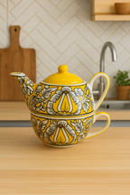 Handcrafted Yellow Ceramic Kettle Tea Set – 1 Floral Cup (350ml) and Teapot (450ml) | Handmade Ceramic Tea Set with Kettle | Microwave & Dishwasher Safe