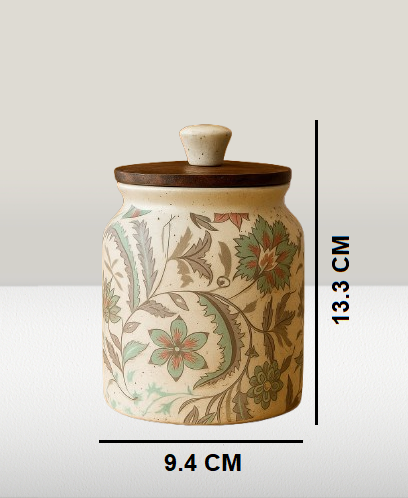 YUTORI Handcrafted Ceramic Storage Jar with Wooden Lid Cap– Floral Design | Airtight Kitchen Container for Tea, Pickle, Sugar, Salt, Spices, Snacks & More- 450 Ml