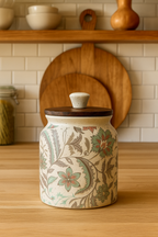 YUTORI Handcrafted Ceramic Storage Jar with Wooden Lid Cap– Floral Design | Airtight Kitchen Container for Tea, Pickle, Sugar, Salt, Spices, Snacks & More- 450 Ml each (900ml) - Set of 2