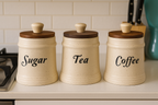 YUTORI Ceramic Kitchen Storage Jars with Wooden Lids – Set of 3 (Sugar, Tea, Coffee) | Airtight Kitchen Container - 400 Ml Each