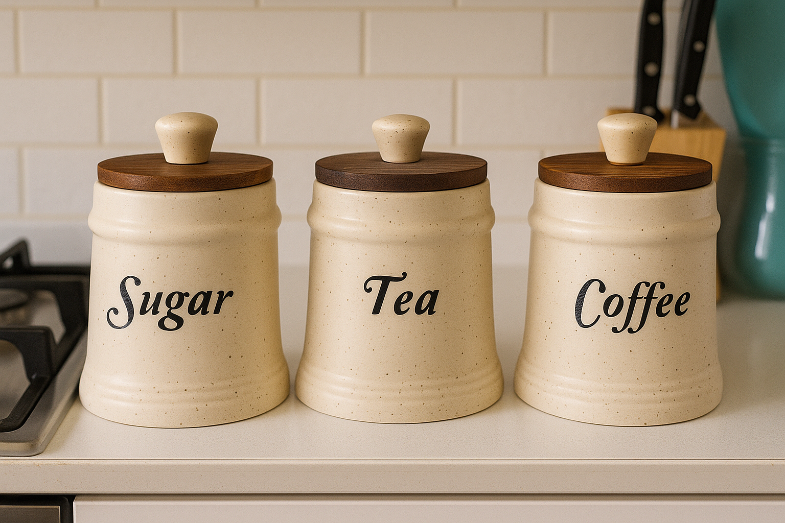 YUTORI Ceramic Kitchen Storage Jars with Wooden Lids – Set of 3 (Sugar, Tea, Coffee) | Airtight Kitchen Container - 400 Ml Each