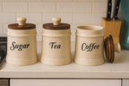 YUTORI Ceramic Kitchen Storage Jars with Wooden Lids – Set of 3 (Sugar, Tea, Coffee) | Airtight Kitchen Container - 400 Ml Each