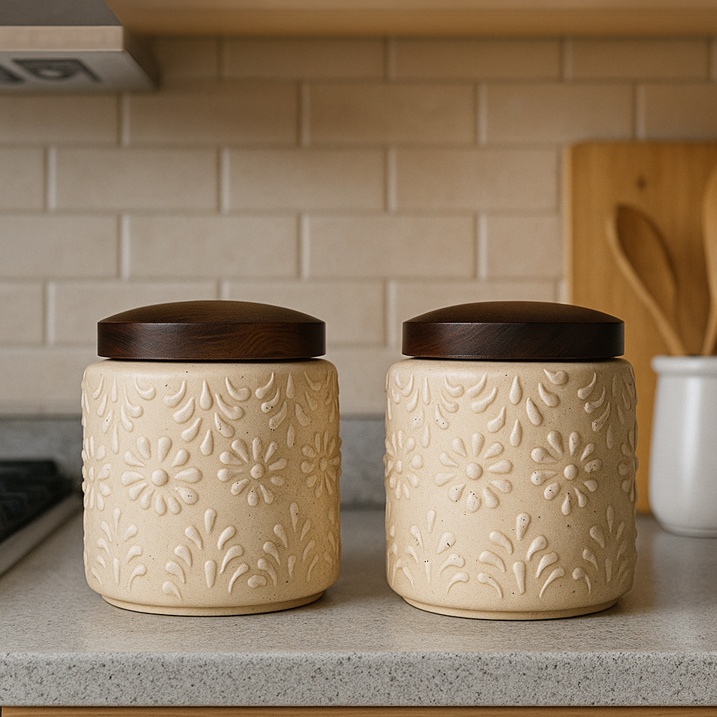 YUTORI Set of 2 Handcrafted Ceramic Storage Jar with Airtight Wooden Lid Round Cap – Embossed Floral Design Container for Tea, Coffee, Sugar, Spices and etc Hand Made Ceramic Jar- 400 ML Each
