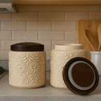 YUTORI Set of 2 Handcrafted Ceramic Storage Jar with Airtight Wooden Lid Round Cap – Embossed Floral Design Container for Tea, Coffee, Sugar, Spices and etc Hand Made Ceramic Jar- 400 ML Each