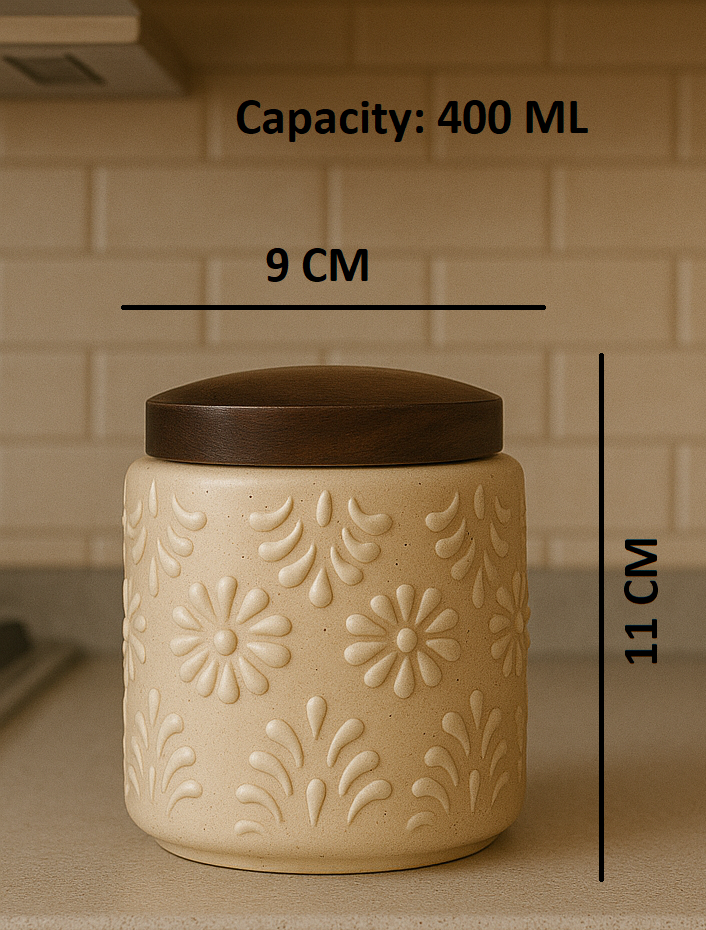 YUTORI Set of 2 Handcrafted Ceramic Storage Jar with Airtight Wooden Lid Round Cap – Embossed Floral Design Container for Tea, Coffee, Sugar, Spices and etc Hand Made Ceramic Jar- 400 ML Each