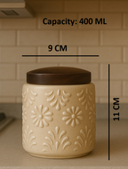 YUTORI Handcrafted Ceramic Storage Jar with Airtight Wooden Lid Round Cap – Embossed Floral Design Container for Tea, Coffee, Sugar, Spices and Other Kitchen Items Hand Made Ceramic Jar- 400 ML