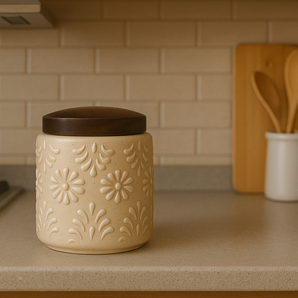 YUTORI Handcrafted Ceramic Storage Jar with Airtight Wooden Lid Round Cap – Embossed Floral Design Container for Tea, Coffee, Sugar, Spices and Other Kitchen Items Hand Made Ceramic Jar- 400 ML