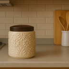 YUTORI Handcrafted Ceramic Storage Jar with Airtight Wooden Lid Round Cap – Embossed Floral Design Container for Tea, Coffee, Sugar, Spices and Other Kitchen Items Hand Made Ceramic Jar- 400 ML