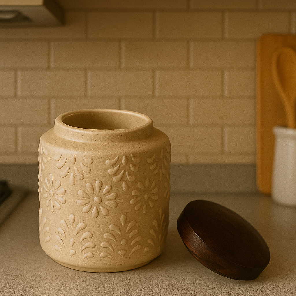 YUTORI Handcrafted Ceramic Storage Jar with Airtight Wooden Lid Round Cap – Embossed Floral Design Container for Tea, Coffee, Sugar, Spices and Other Kitchen Items Hand Made Ceramic Jar- 400 ML