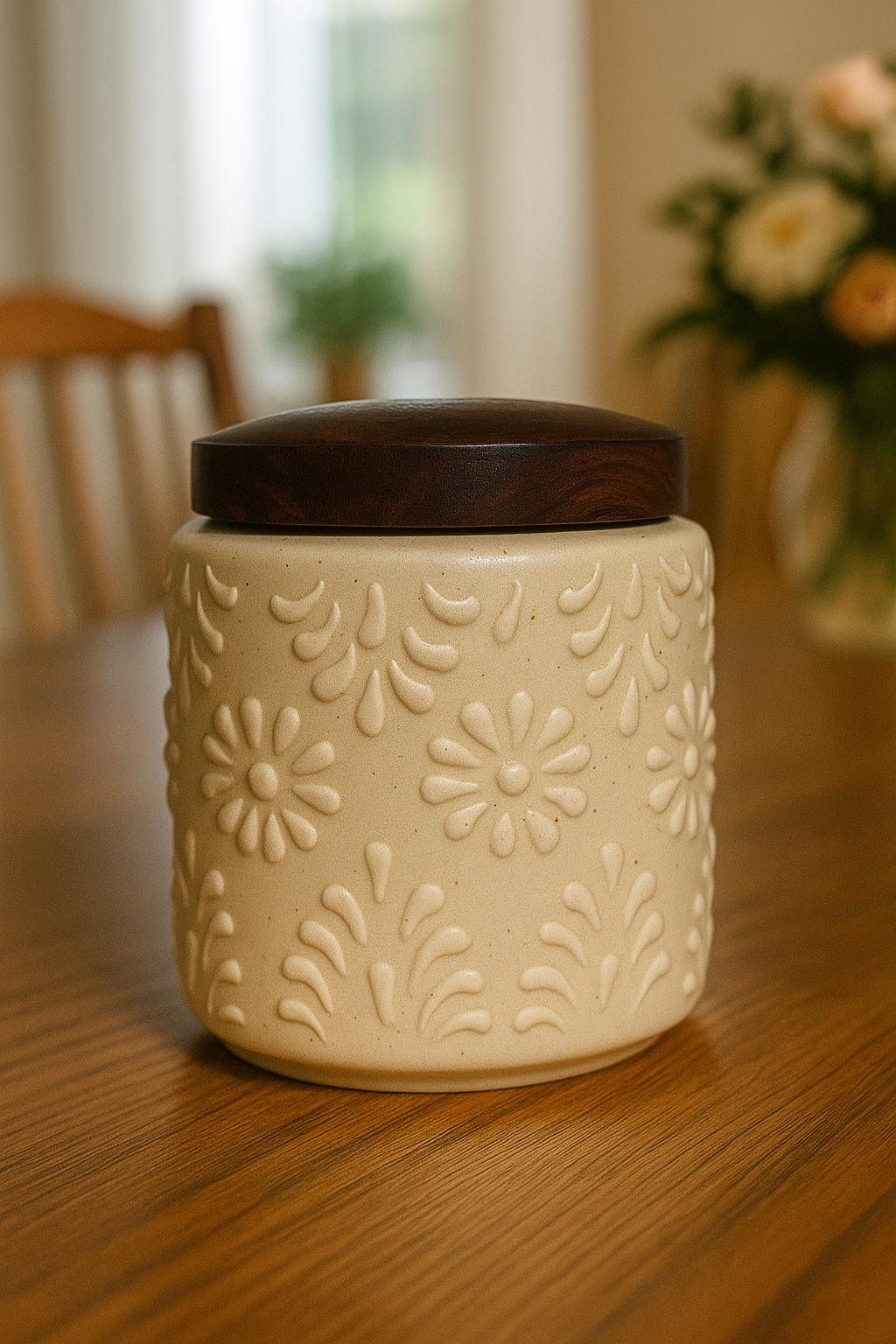 YUTORI Handcrafted Ceramic Storage Jar with Airtight Wooden Lid Round Cap – Embossed Floral Design Container for Tea, Coffee, Sugar, Spices and Other Kitchen Items Hand Made Ceramic Jar- 400 ML