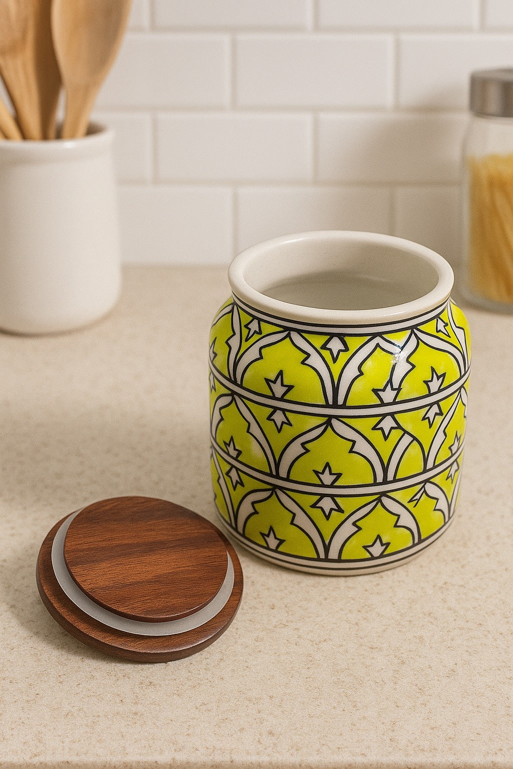 YUTORI Handcrafted Kitchenware Ceramic Container With Air Tight Wooden Lid Cap For Tea, Pickle, Sugar, Salt and Other Kitchen Items Hand Made Ceramic Jar- Lime Green 400 ML