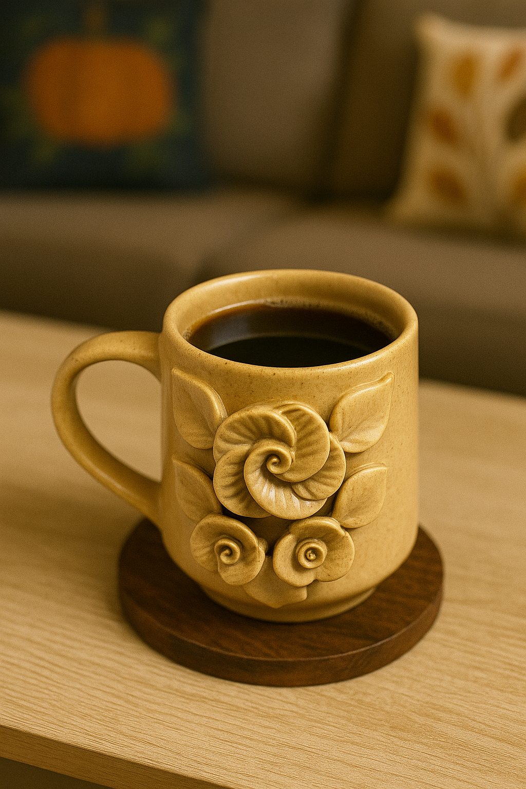 YUTORI Handcrafted 3D Ceramic Coffee Mugs | Artistic Floral Design | 450ml | Perfect for Tea, Coffee & Gifting | Microwave Safe Light Tan Colour- 1 Pcs