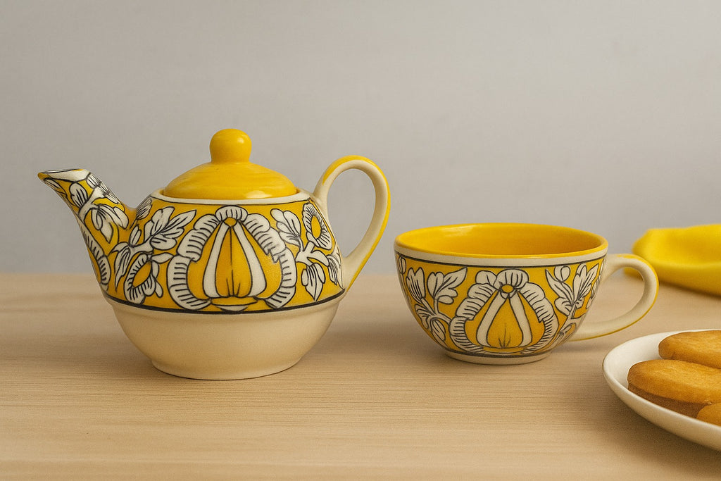 Handcrafted Yellow Ceramic Kettle Tea Set – 1 Floral Cup (350ml) and Teapot (450ml) | Handmade Ceramic Tea Set with Kettle | Microwave & Dishwasher Safe