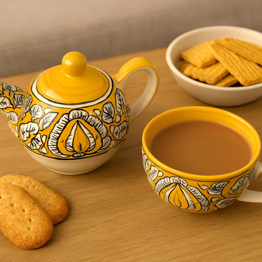 Handcrafted Yellow Ceramic Kettle Tea Set – 1 Floral Cup (350ml) and Teapot (450ml) | Handmade Ceramic Tea Set with Kettle | Microwave & Dishwasher Safe