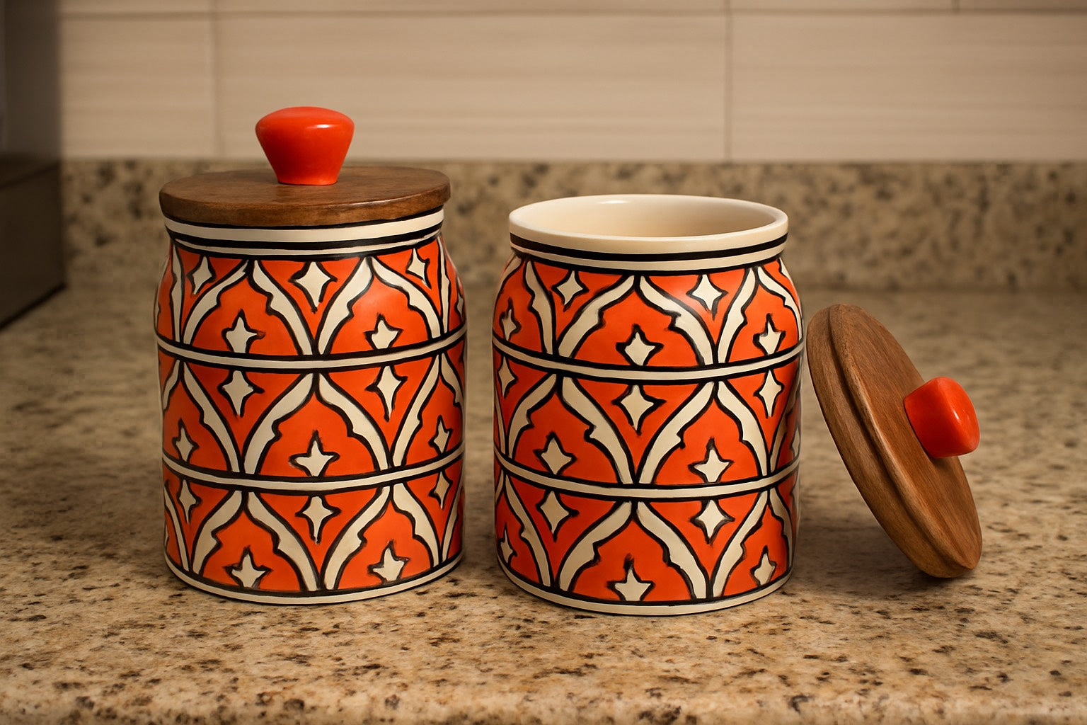 YUTORI Handcrafted Kitchenware Ceramic Container With Air Tight Wooden Lid Cap For Tea, Pickle, Sugar, Salt and for other Kitchen Items Ceramic Jar 400 Ml each (800ml)- Orange Set of 2
