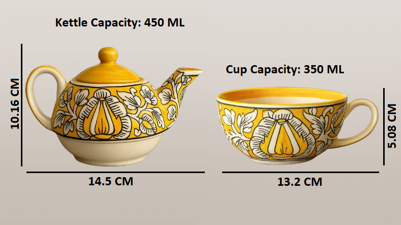 Handcrafted Yellow Ceramic Kettle Tea Set – 1 Floral Cup (350ml) and Teapot (450ml) | Handmade Ceramic Tea Set with Kettle | Microwave & Dishwasher Safe