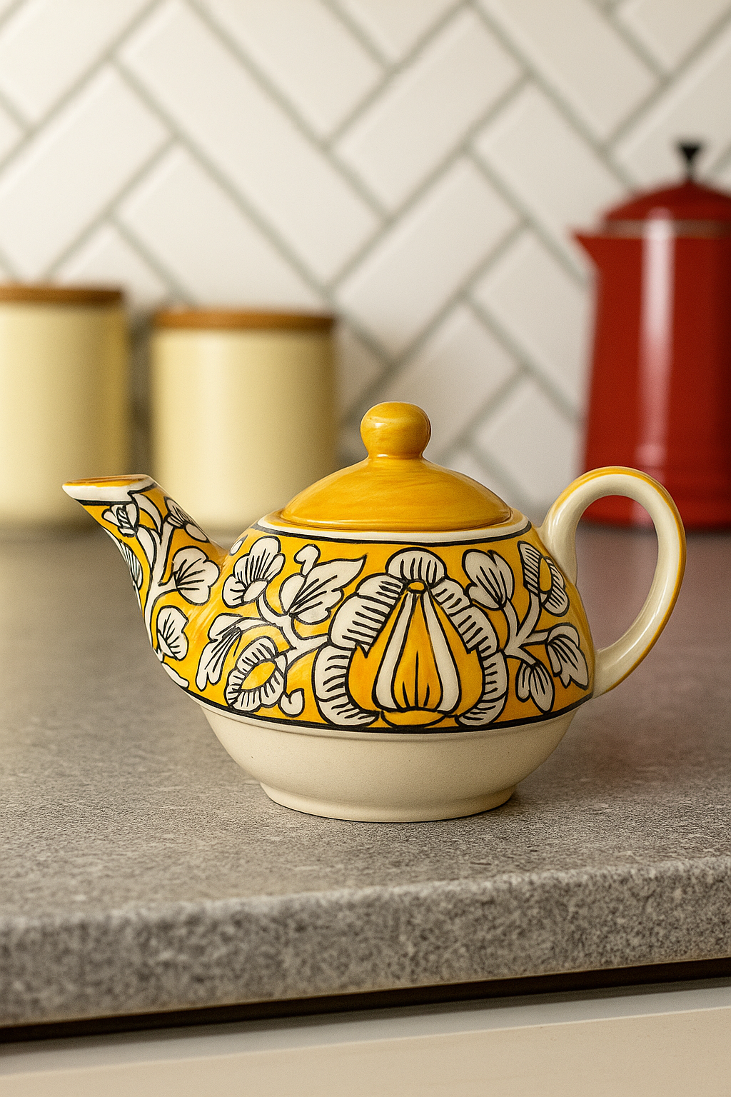 YUTORI Handcrafted Yellow Ceramic Kettle Tea Set – 1 Floral Cup (350ml) and Teapot (450ml) | Handmade Ceramic Tea Set with Kettle | Microwave & Dishwasher Safe
