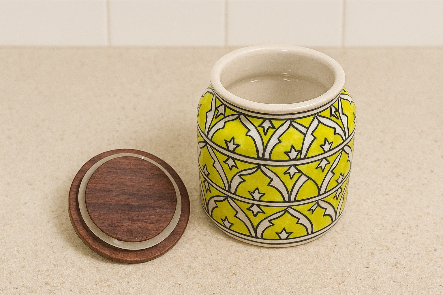 YUTORI Handcrafted Kitchenware Ceramic Container With Air Tight Wooden Lid Cap For Tea, Pickle, Sugar, Salt and Other Kitchen Items Hand Made Ceramic Jar- Lime Green 400 ML