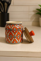 YUTORI Handcrafted Kitchenware Ceramic Container With Air Tight Wooden Lid Cap For Tea, Pickle, Sugar, Salt and for other Kitchen Items Ceramic Container- 400 ML Orange
