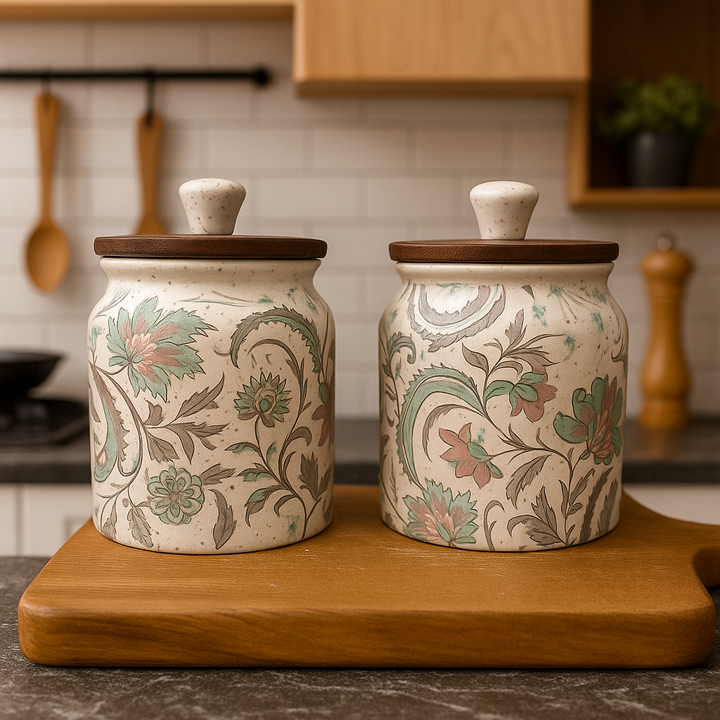 YUTORI Handcrafted Ceramic Storage Jar with Wooden Lid Cap– Floral Design | Airtight Kitchen Container for Tea, Pickle, Sugar, Salt, Spices, Snacks & More- 450 Ml each (900ml) - Set of 2