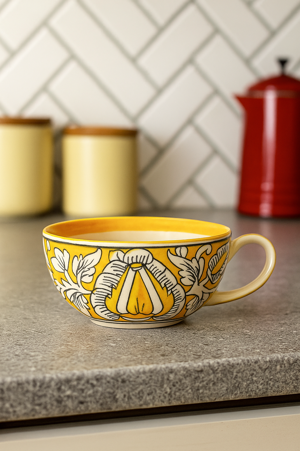 YUTORI Handcrafted Yellow Ceramic Kettle Tea Set – 1 Floral Cup (350ml) and Teapot (450ml) | Handmade Ceramic Tea Set with Kettle | Microwave & Dishwasher Safe