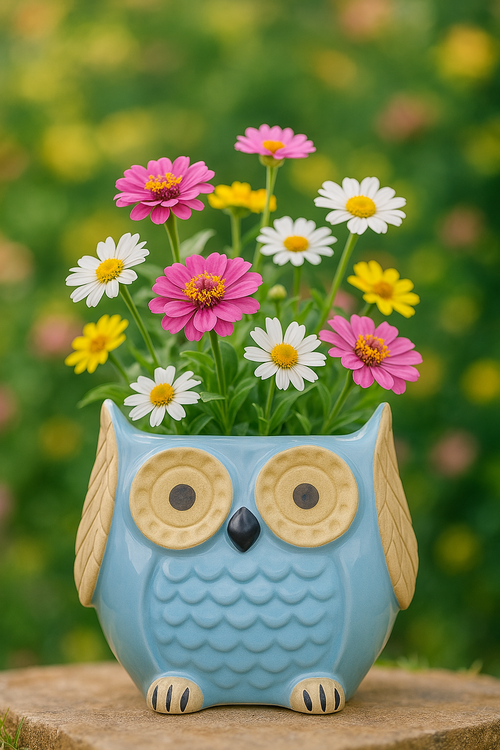 Big Owl Ceramic Home Decor Planter Flowers Pot for Indoor-Outdoor- Sky Blue