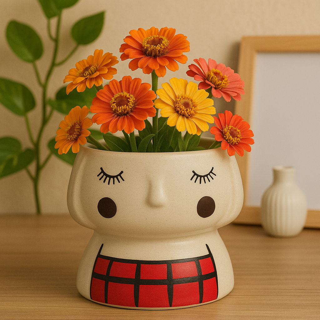 Cute Hand Painted Doll Face Ceramic Planter Decor Pot